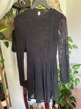 American Rag Black Long-Sleeve Floral Mesh Skater Dress